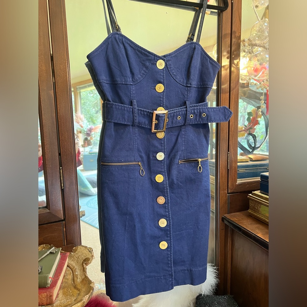 LaRok Y2K Blue Button-Down Dress with Gold Hardware